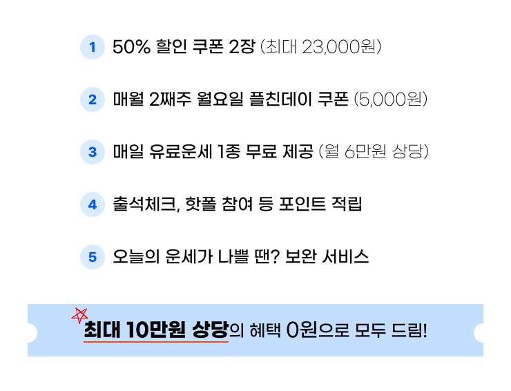 1. 50% 할인 쿠폰 2장 (최대 23,000원) 2. 매월 2째주 월요일 플친데이 쿠폰(5,000원) 3. 매일 유료운세 1종 무료 제공(월 6만원 상당) 4. 출석체크, 핫폴 참여 등 포인트 적립 5. 오늘의 운세가 나쁠 땐? 보완 서비스 최대 10만원 상당의 혜택 0원으로 모두 드림!